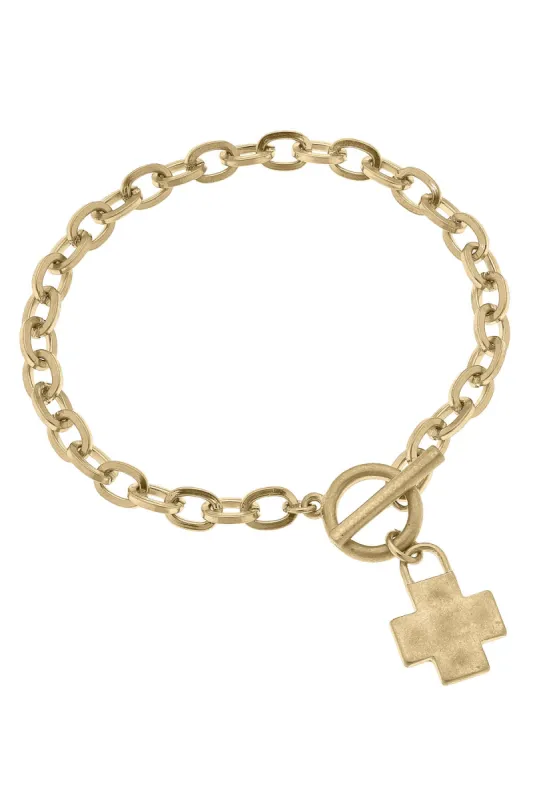 Nina Locked Cross Charm Toggle Bracelet in Worn Gold made by Canvas Style