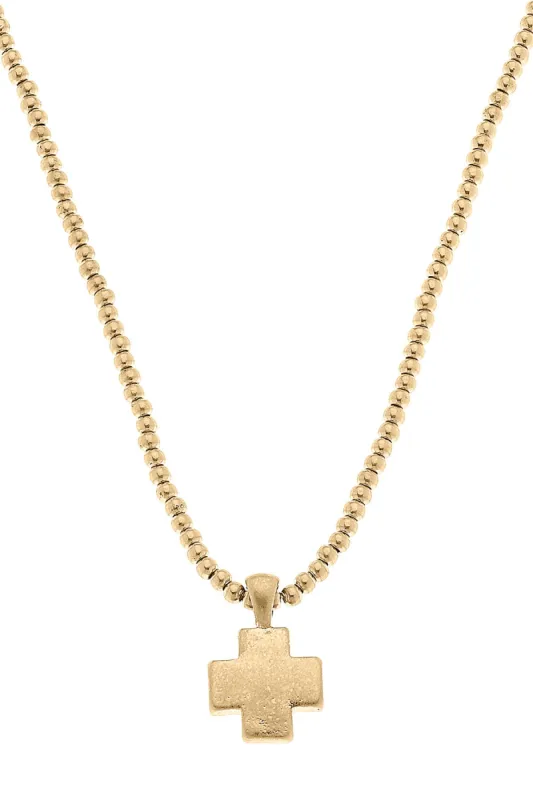 Macy Small Cross Pendant with Ball Bead Chain Necklace in Worn Gold sold by Canvas Style