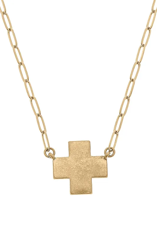 Edith Square Cross Necklace in Worn Gold sold by Canvas Style