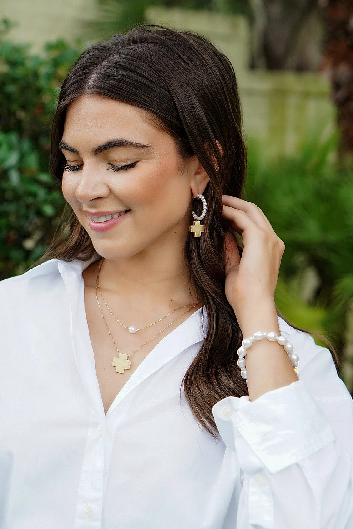 Edith Square Cross Layered Pearl Necklace in Worn Gold sold by Canvas Style product image thumbnail 2