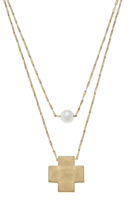 Edith Square Cross Layered Pearl Necklace in Worn Gold sold by Canvas Style