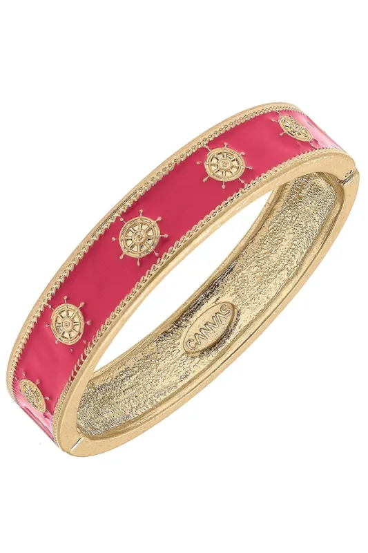 Delia Enamel Nautical Ship's Wheel Hinge Bangle in Pink sold by Canvas Style