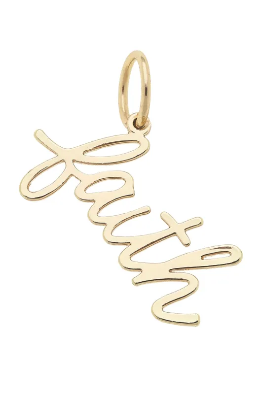 "Faith" Cursive Script Charm in Shiny Gold sold by Canvas Style