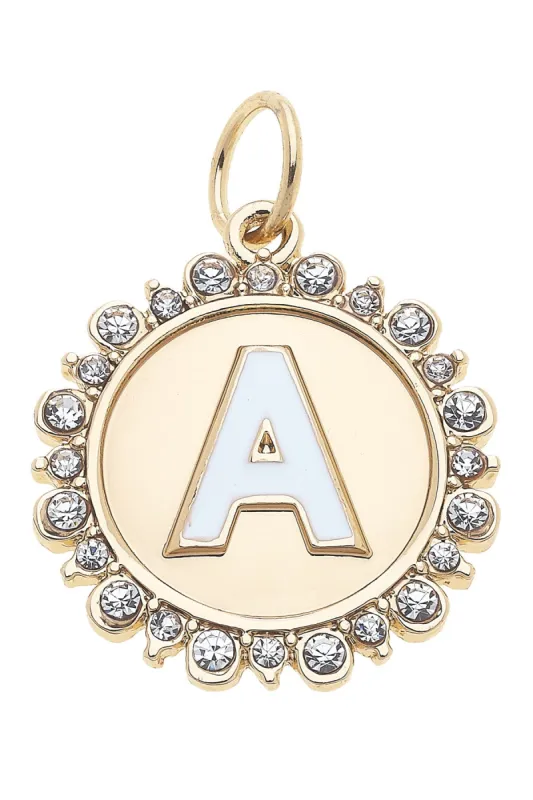 Rhinestone-Studded Enamel Letter Disc Charm in Shiny Gold sold by Canvas Style