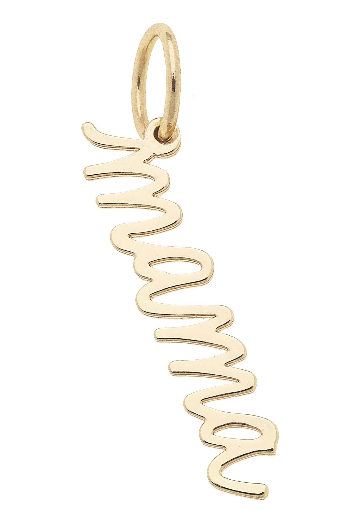 "Mama" Cursive Script Charm in Shiny Gold sold by Canvas Style