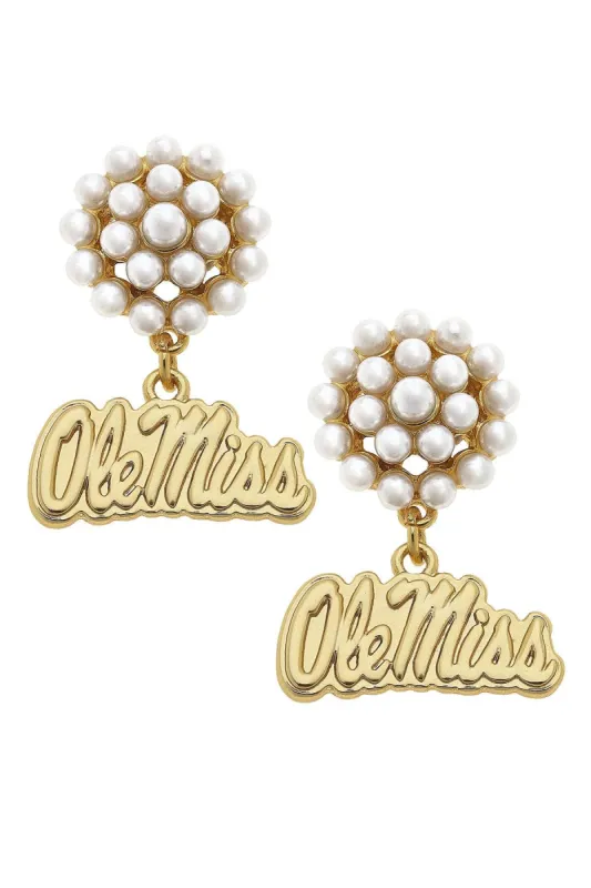 Ole Miss Rebels Pearl Cluster 24K Gold Plated Logo Earrings sold by Canvas Style