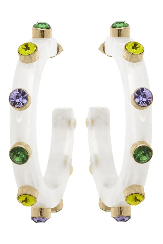 Mardi Gras Marbled Resin & Rhinestone Hoop Earrings sold by Canvas Style