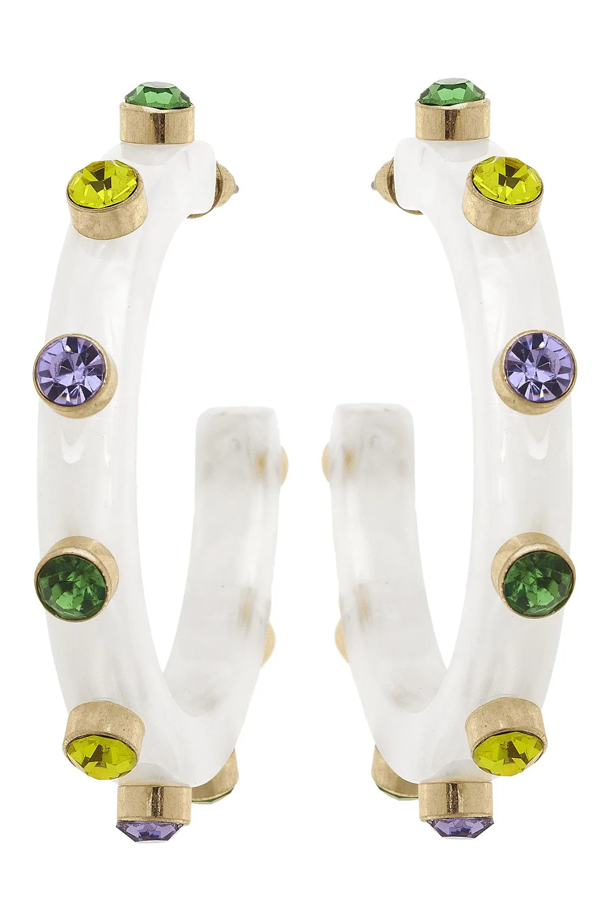 Mardi Gras Marbled Resin & Rhinestone Hoop Earrings sold by Canvas Style