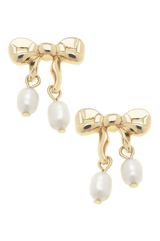 Tessa Pearl Bow Stud Earrings in Shiny Gold sold by Canvas Style