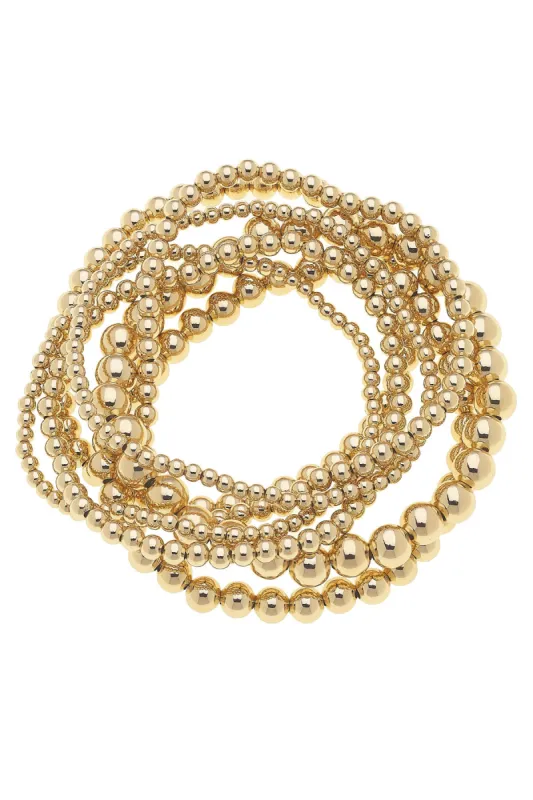 Ruby Ball Bead Stretch Bracelet Set (7) in Shiny Gold sold by Canvas Style