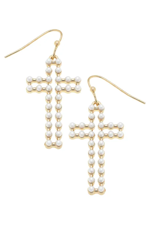 Lizette Open Pearl Cross Earrings in Ivory made by Canvas Style