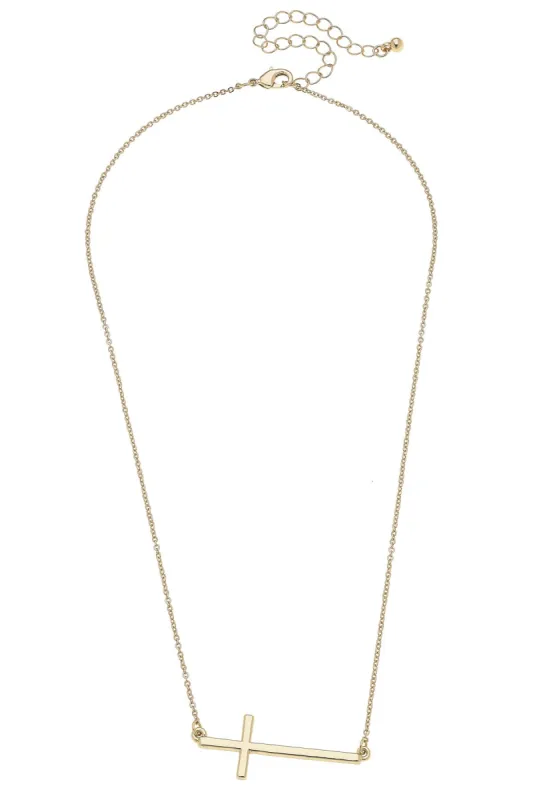 Carmi Horizontal Cross Necklace in Shiny Gold sold by Canvas Style