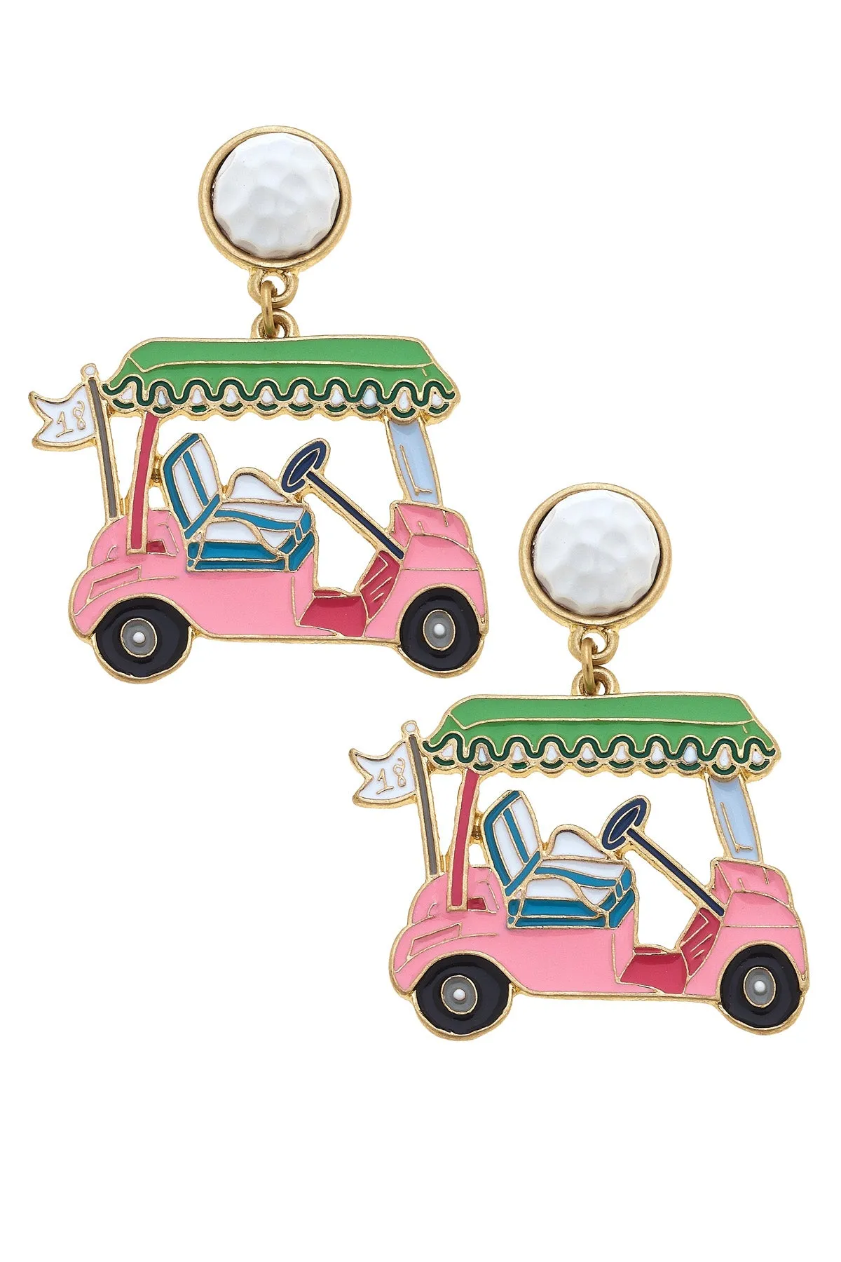 Carting Around Enamel Golf Cart Earrings in Pink & Green sold by Canvas Style