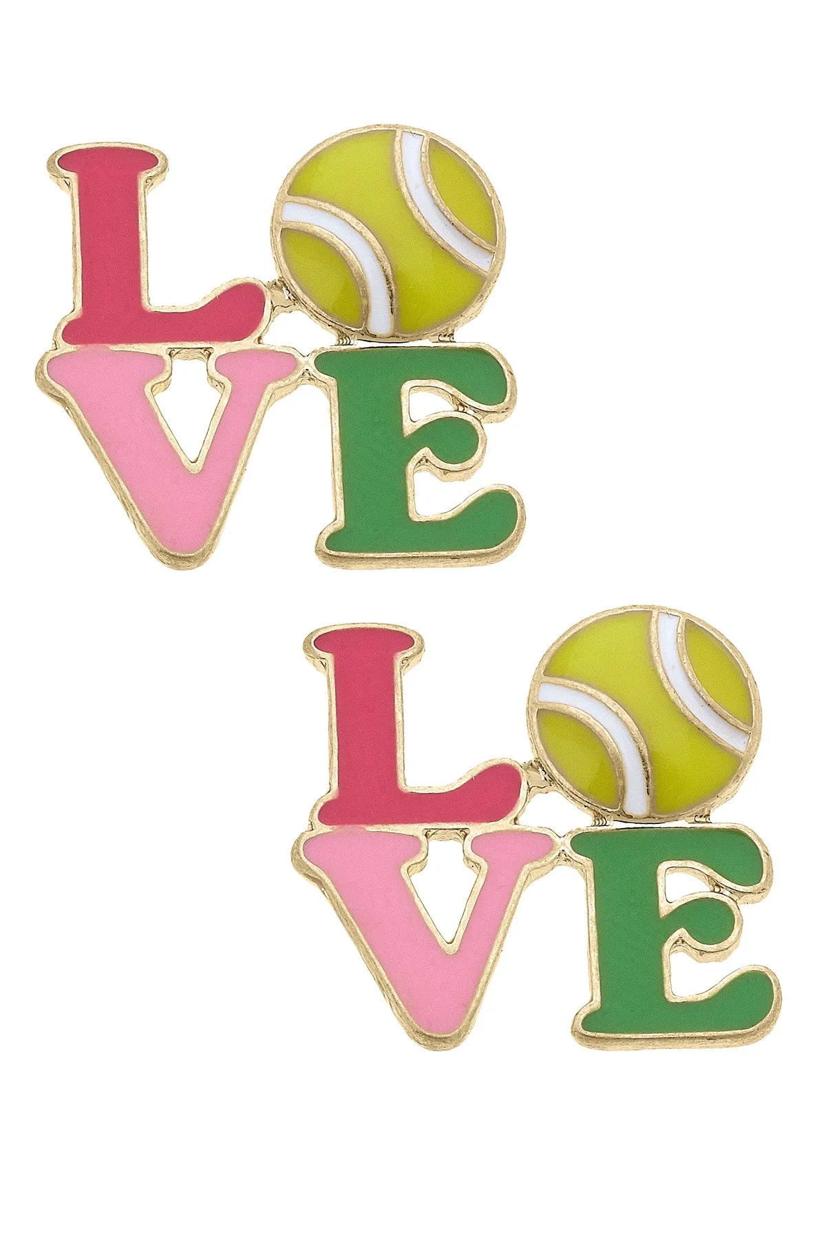 Tennis LOVE Stacked Enamel Stud Earrings in Pink & Green sold by Canvas Style