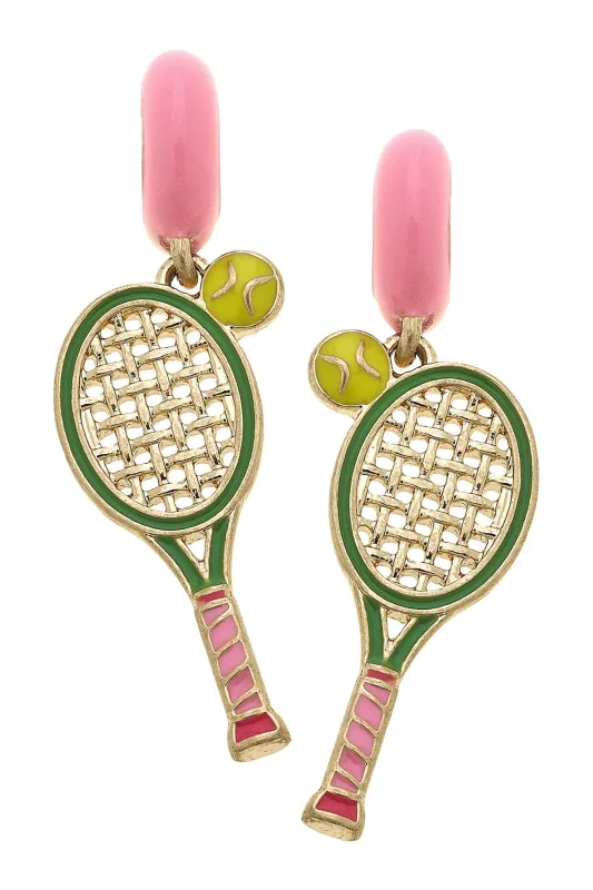 Serena Tennis Racket Enamel Huggie Hoop Earrings sold by Canvas Style