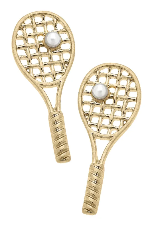 Justine Pearl Tennis Racket Stud Earrings in Shiny Gold sold by Canvas Style
