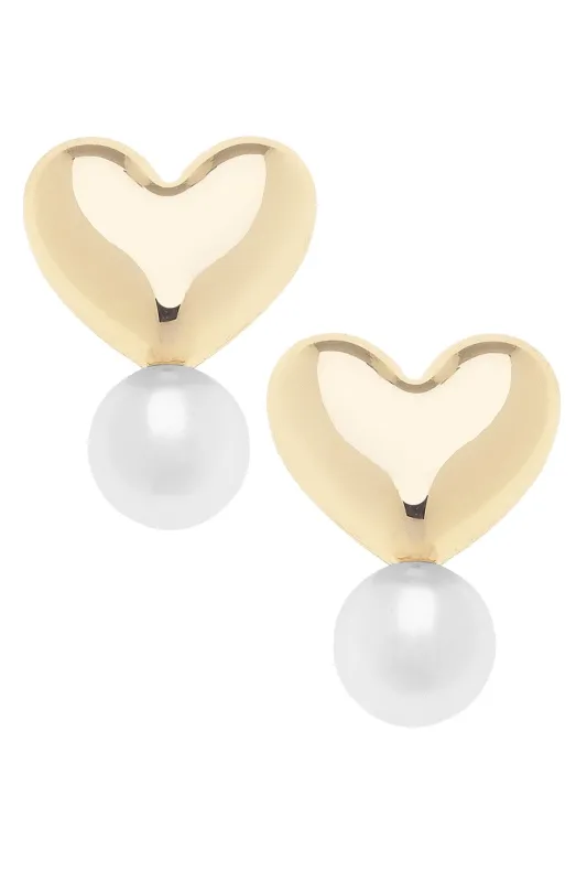 Hannah Puffed Heart Pearl Drop Earrings in Ivory sold by Canvas Style