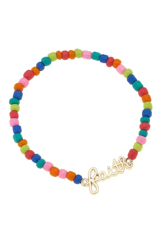 "Faith" Rainbow Beaded Stretch Bracelet in Shiny Gold sold by Canvas Style