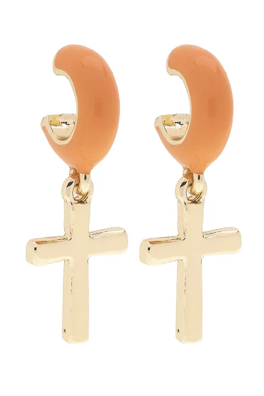 Ruth Cross Enamel Huggie Hoop Earrings in Orange sold by Canvas Style