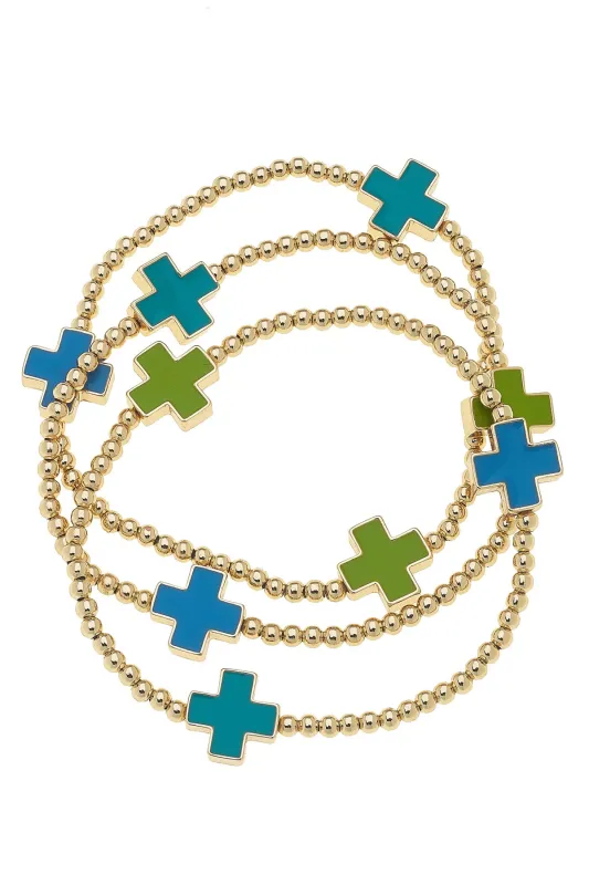 Edith Enamel Cross & Ball Bead Stretch Bracelet Set of 3 sold by Canvas Style