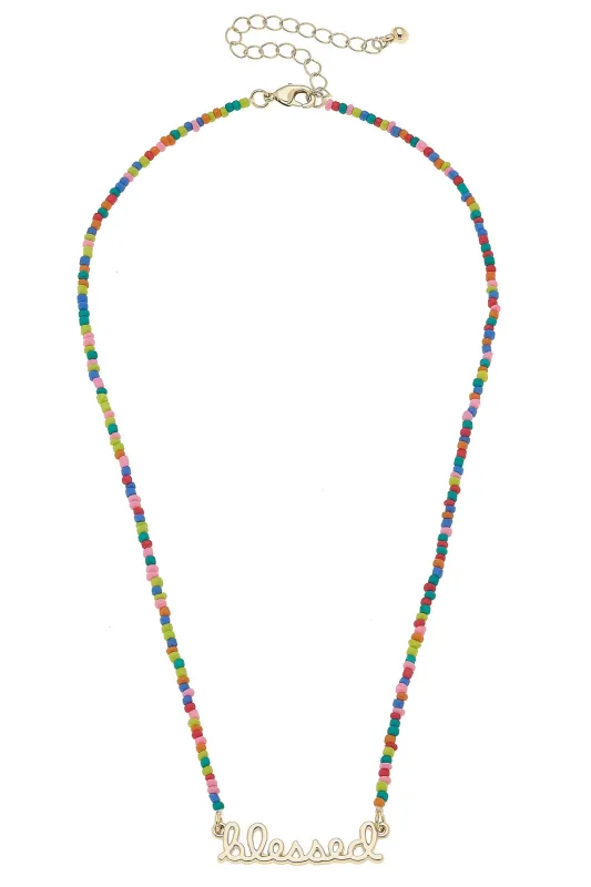 "Blessed" Rainbow Beaded Script Necklace in Shiny Gold sold by Canvas Style