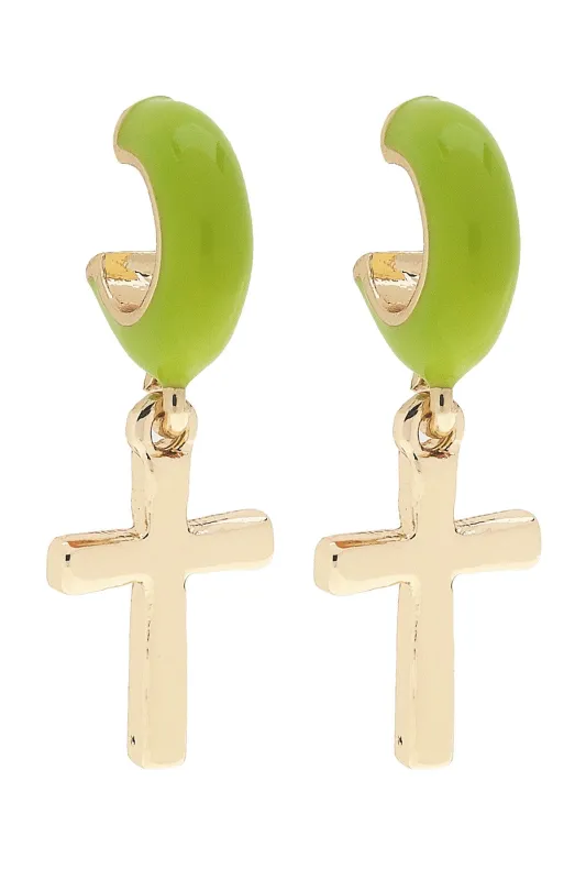 Ruth Cross Enamel Huggie Hoop Earrings in Lime Green sold by Canvas Style