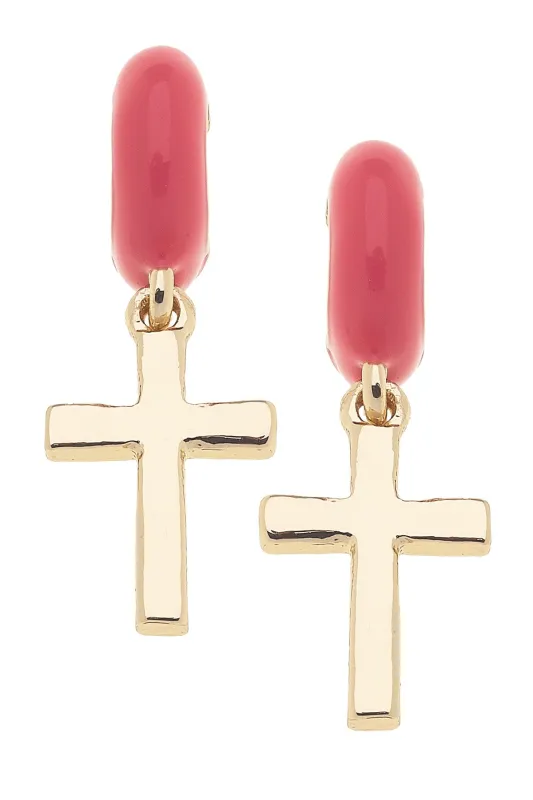 Ruth Cross Enamel Huggie Hoop Earrings in Coral sold by Canvas Style