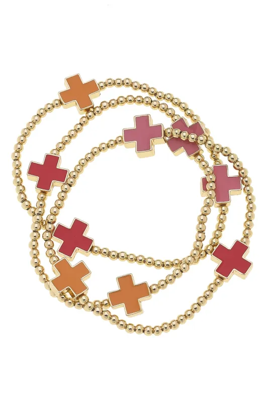 Edith Enamel Cross & Ball Bead Stretch Bracelet Set of 3 sold by Canvas Style