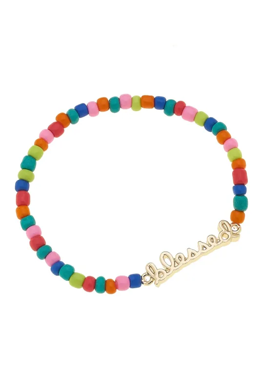 "Blessed" Rainbow Beaded Stretch Bracelet in Shiny Gold sold by Canvas Style