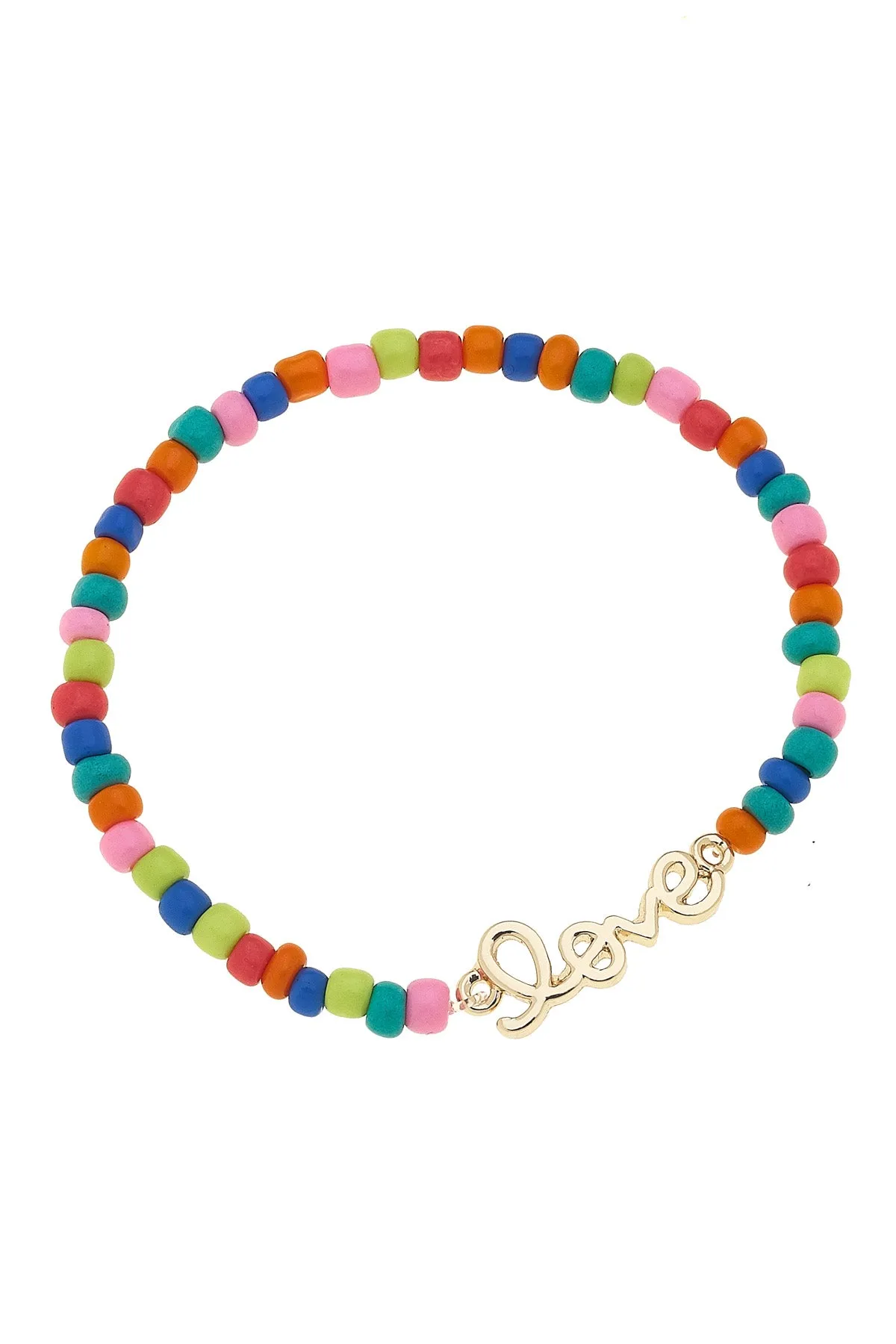 "Love" Rainbow Beaded Stretch Bracelet in Shiny Gold sold by Canvas Style