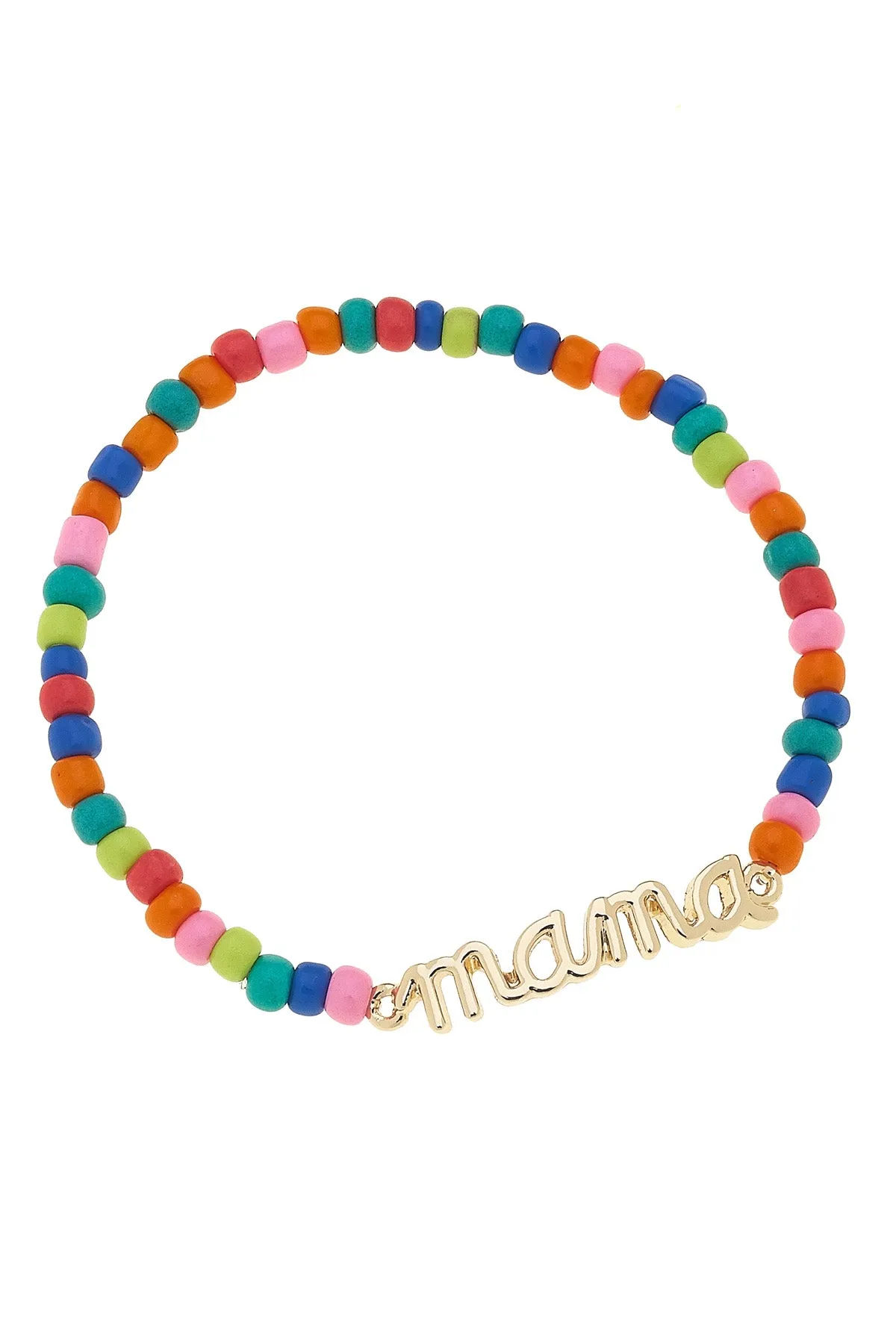 "Mama" Rainbow Beaded Stretch Bracelet in Shiny Gold sold by Canvas Style