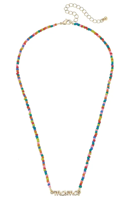 "Mama" Rainbow Beaded Script Necklace in Shiny Gold sold by Canvas Style