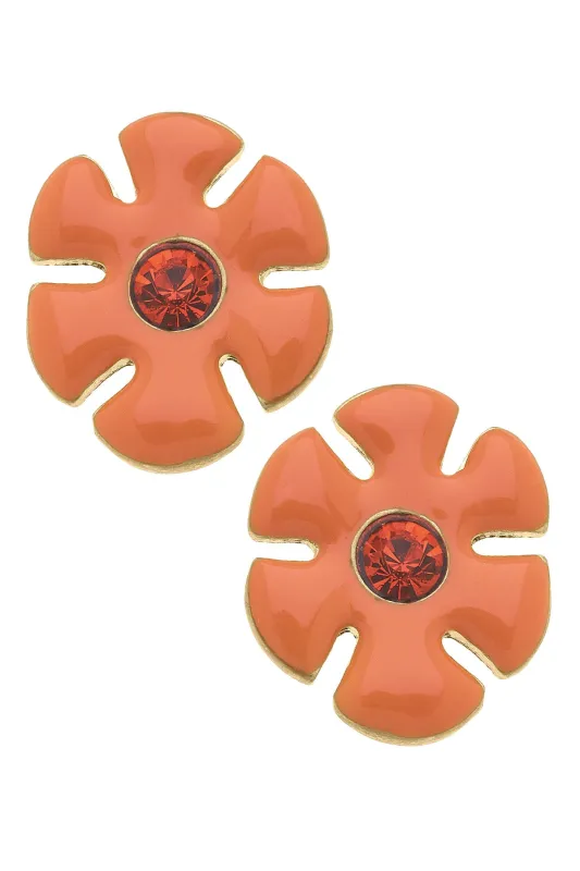 Valerie Rhinestone Enamel Flower Stud Earrings in Orange sold by Canvas Style