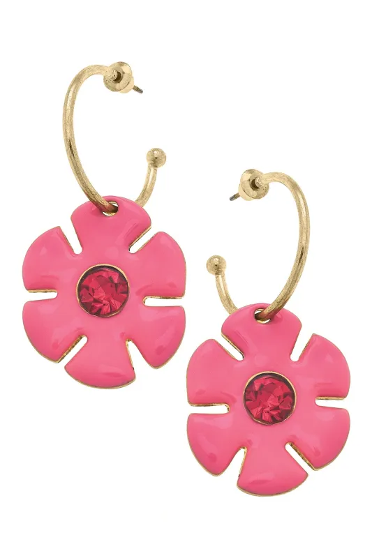 Donna Rhinestone Enamel Flower Drop Hoop Earrings in Pink sold by Canvas Style