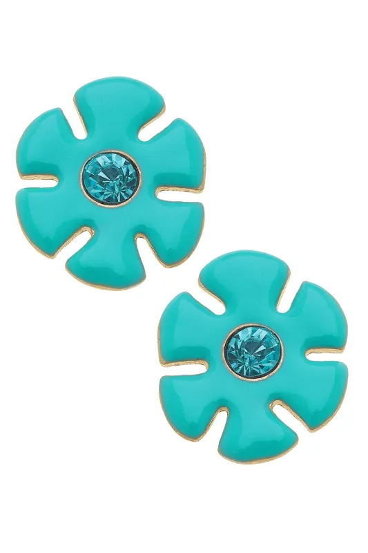 Valerie Rhinestone Enamel Flower Stud Earrings in Turquoise sold by Canvas Style