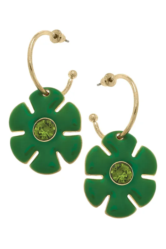 Donna Rhinestone Enamel Flower Drop Hoop Earrings in Green sold by Canvas Style