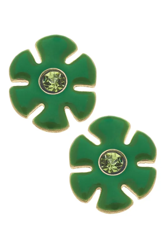 Valerie Rhinestone Enamel Flower Stud Earrings in Green sold by Canvas Style
