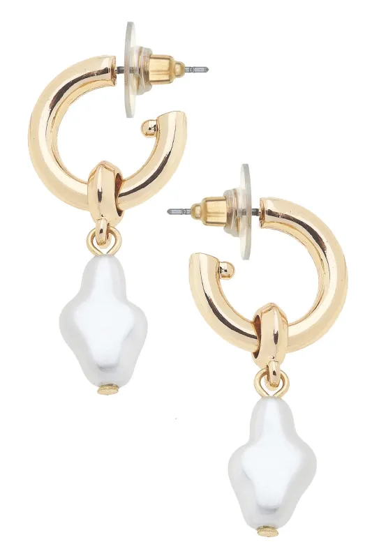 Eve Baroque Pearl Cross Drop Hoop Earrings in Ivory sold by Canvas Style