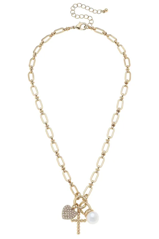 Poppy Beaded Cross & Pearl Charm Necklace in Shiny Gold sold by Canvas Style