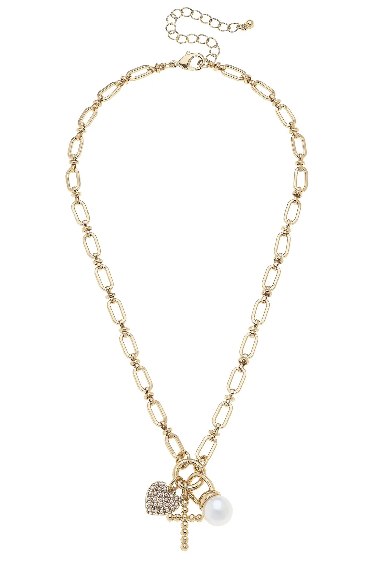 Poppy Beaded Cross & Pearl Charm Necklace in Shiny Gold sold by Canvas Style