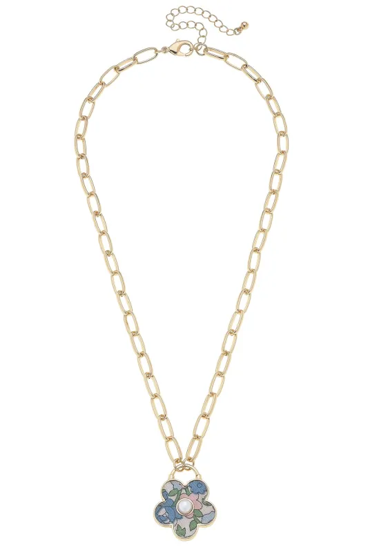 Penelope Vintage Floral Pearl Flower Necklace in Blue sold by Canvas Style