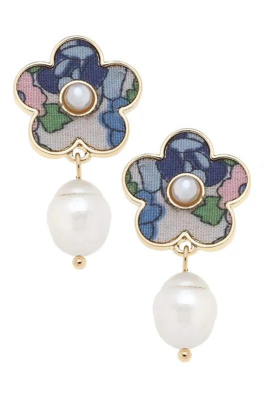 Penelope Vintage Floral Pearl Drop Earrings in Blue sold by Canvas Style