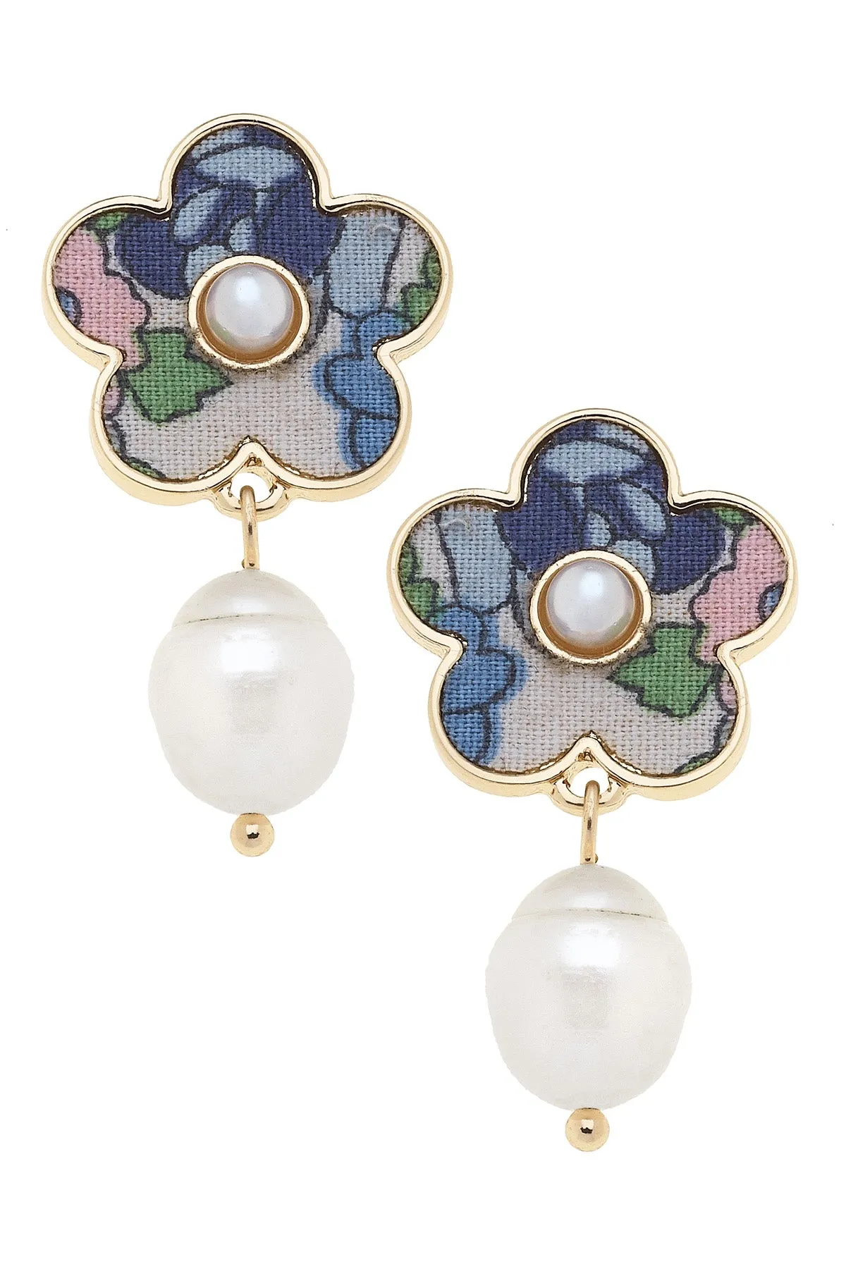 Penelope Vintage Floral Pearl Drop Earrings in Blue sold by Canvas Style