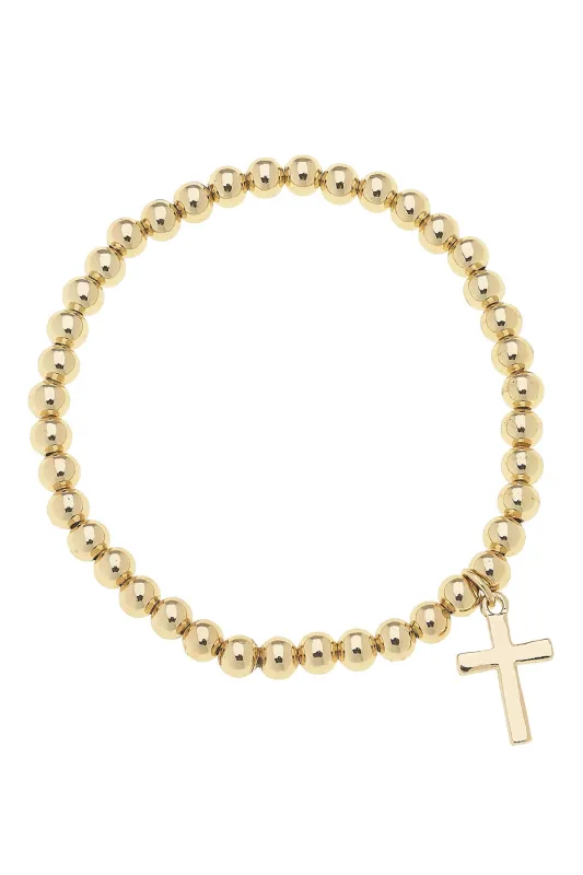Ruth Cross Ball Bead Stretch Bracelet in Shiny Gold sold by Canvas Style