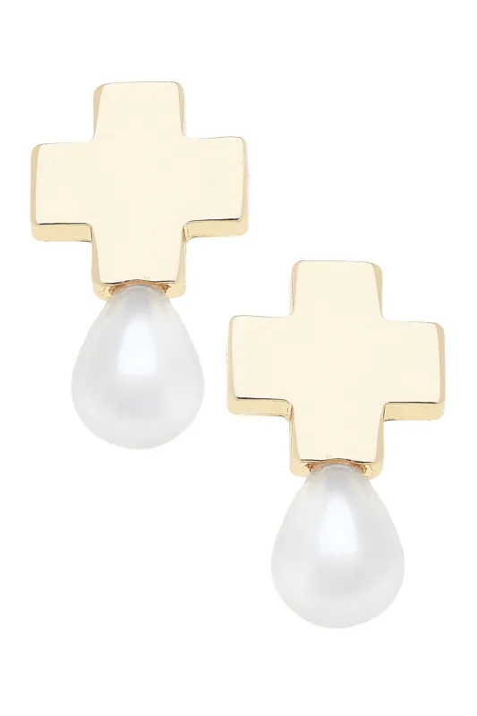 Edith Square Cross Pearl Drop Earrings in Ivory sold by Canvas Style