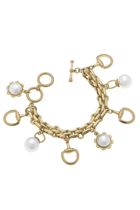 Elise Horsebits & Pearls Charm Bracelet in Shiny Gold sold by Canvas Style