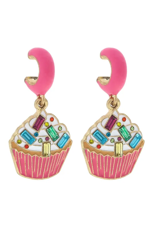 Bejeweled Birthday Cupcake Huggie Hoop Earrings in Pink sold by Canvas Style
