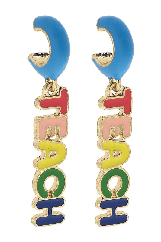 TEACH Bubble Letter Huggie Hoops Earrings in Rainbow Multi sold by Canvas Style