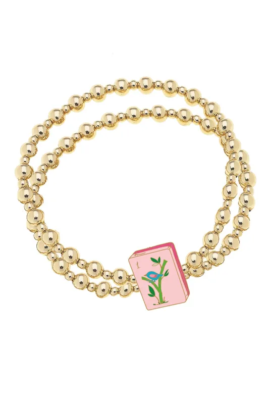 Mahjong 2-Row Ball Bead Stretch Bracelet in Shiny Gold sold by Canvas Style