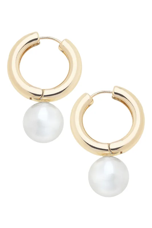 Agnes Pearl Hinged Hoop Earrings in Shiny Gold sold by Canvas Style